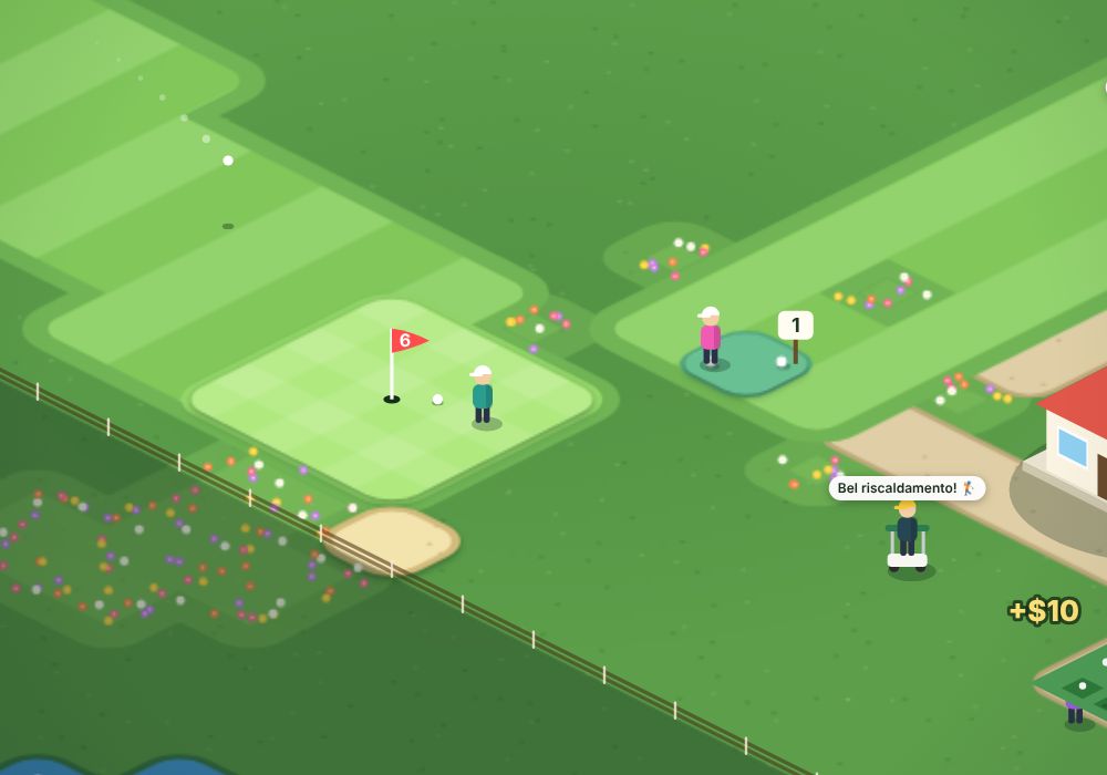 Golfers, golf carts and the driving range up close